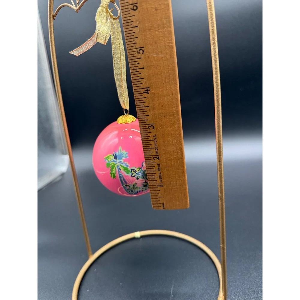 Lilly‎ Pulitzer Pink Tropical Palm Tree Christmas Ball Ornament Gold Ribbon 3in
